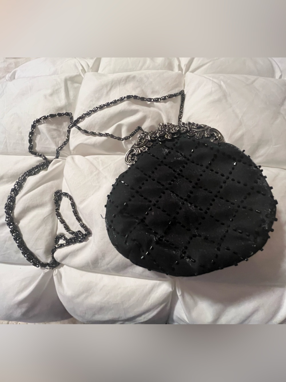 Jessica McClintock Black Quilted Beaded Round Crossbody or Clutch Evening Bag